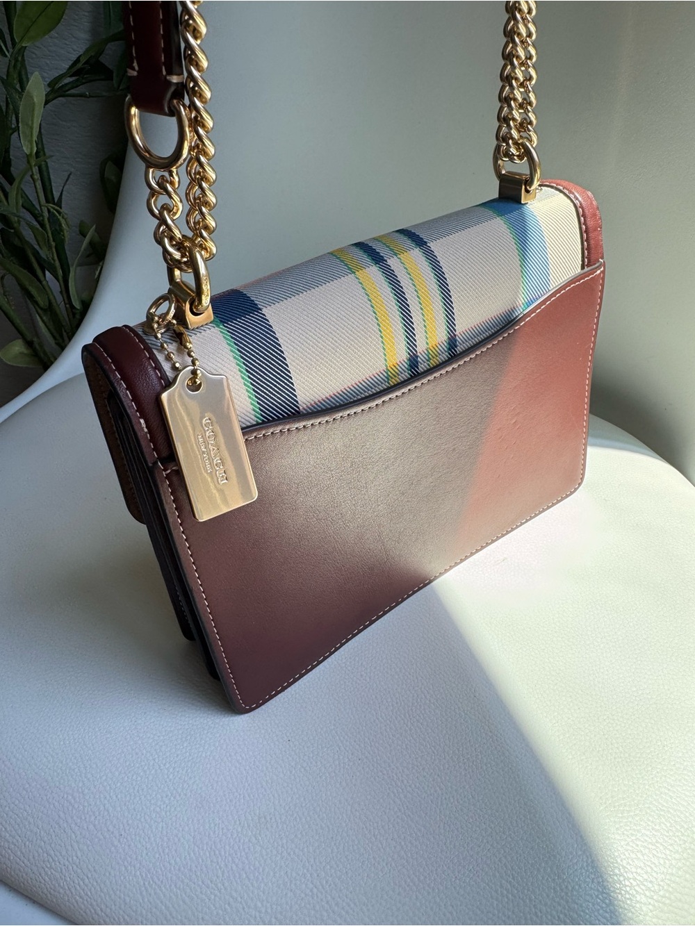 Coach Klare CBI66 Plaid Chain Shoulder Crossbody Bag Cream Brown Leather - Picture 4 of 9